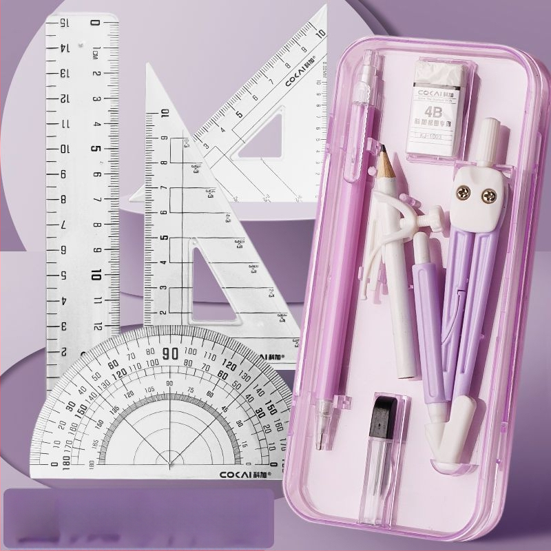 Geometrijos braižymo rinkinys: 4 dalių rinkinys – kompasas, liniuotė ir trikampiai