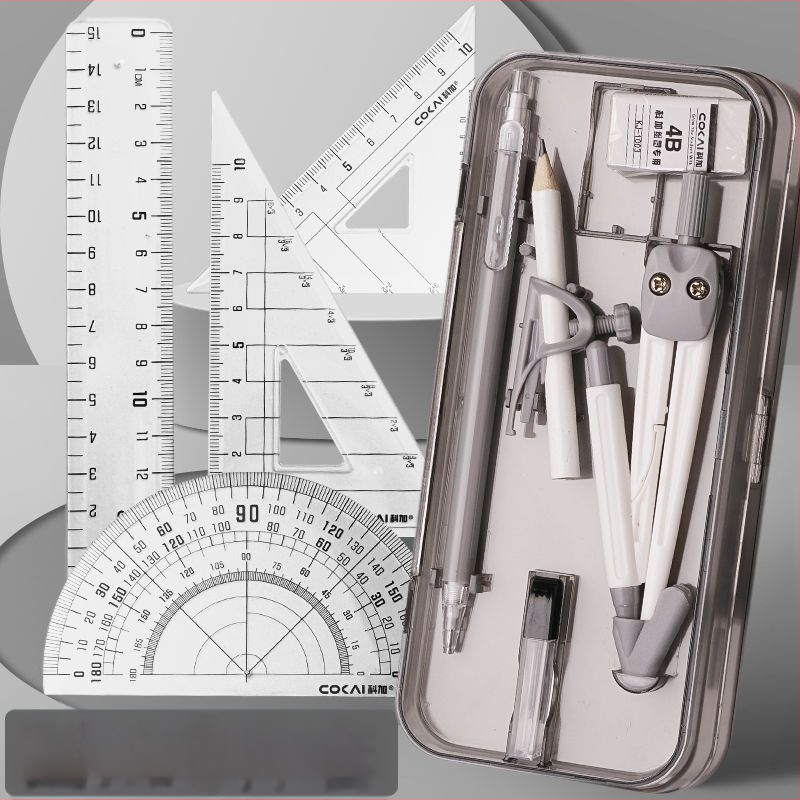 Geometrijos braižymo rinkinys: 4 dalių rinkinys – kompasas, liniuotė ir trikampiai