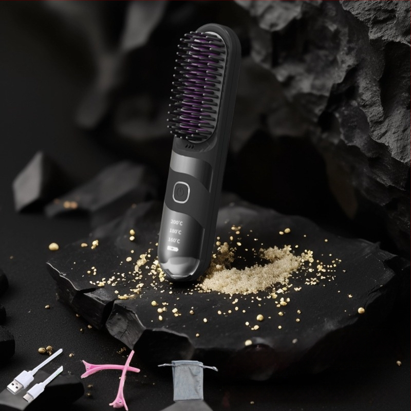 Belaidė plaukų tiesinimo ir garbanojimo šukos su turmalino keramika, dvigubas naudojimas, 3 temperatūros nustatymai, 30W, LCD ekranas
