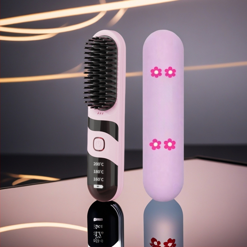 Belaidė plaukų tiesinimo ir garbanojimo šukos su turmalino keramika, dvigubas naudojimas, 3 temperatūros nustatymai, 30W, LCD ekranas