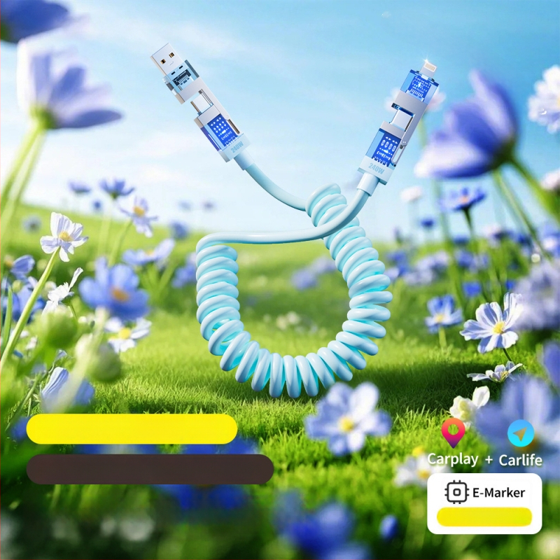 Spring Data Cable — Keturi viename jungiamieji, Lightning, USB-A, Type-C sąsajos, išskleidžiamas silikoninis dizainas, maksimali galia 240W