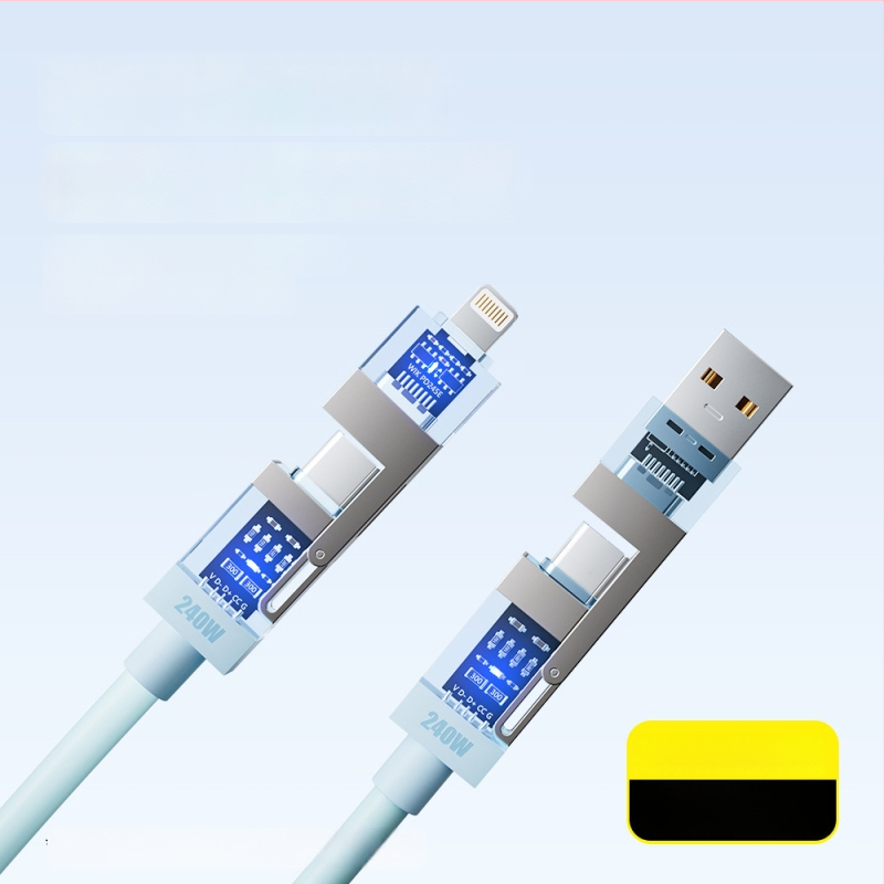 Spring Data Cable — Keturi viename jungiamieji, Lightning, USB-A, Type-C sąsajos, išskleidžiamas silikoninis dizainas, maksimali galia 240W