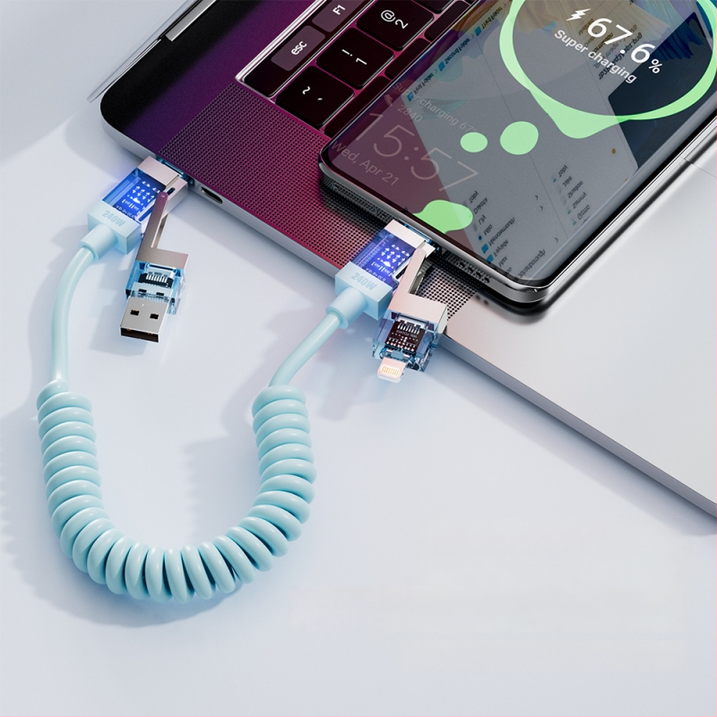 Spring Data Cable — Keturi viename jungiamieji, Lightning, USB-A, Type-C sąsajos, išskleidžiamas silikoninis dizainas, maksimali galia 240W
