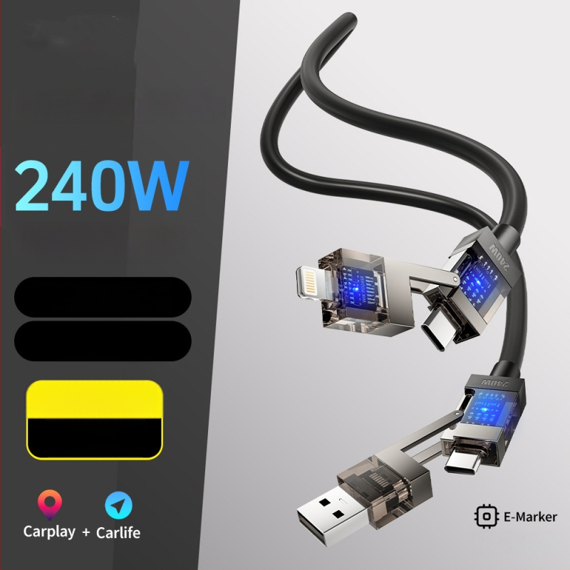 Spring Data Cable — Keturi viename jungiamieji, Lightning, USB-A, Type-C sąsajos, išskleidžiamas silikoninis dizainas, maksimali galia 240W