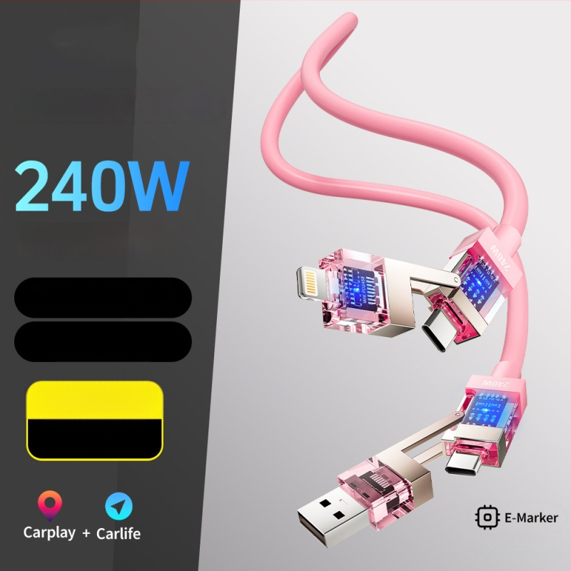 Spring Data Cable — Keturi viename jungiamieji, Lightning, USB-A, Type-C sąsajos, išskleidžiamas silikoninis dizainas, maksimali galia 240W