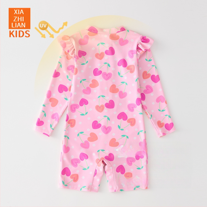 Mergaitėms skirtas ilgomis rankovėmis maudymosi kostiumėlis, saulės apsauga – Korean Heart dizainas, poliesterio audinys 83%, prekės kodas Hx-2520, skirtas pliažui, nardymui ir banglentininkams.