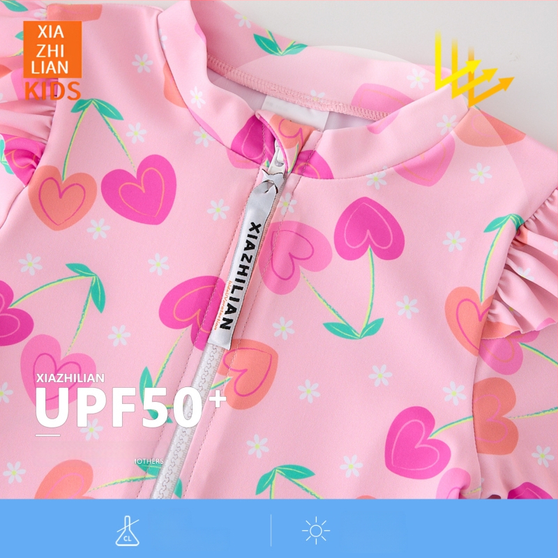 Mergaitėms skirtas ilgomis rankovėmis maudymosi kostiumėlis, saulės apsauga – Korean Heart dizainas, poliesterio audinys 83%, prekės kodas Hx-2520, skirtas pliažui, nardymui ir banglentininkams.