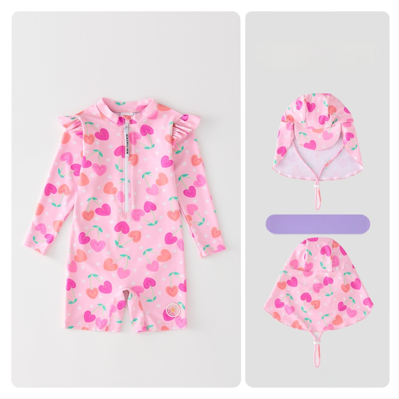 Mergaitėms skirtas ilgomis rankovėmis maudymosi kostiumėlis, saulės apsauga – Korean Heart dizainas, poliesterio audinys 83%, prekės kodas Hx-2520, skirtas pliažui, nardymui ir banglentininkams.