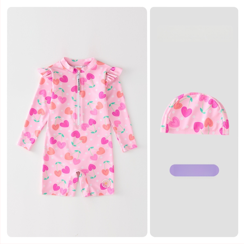 Mergaitėms skirtas ilgomis rankovėmis maudymosi kostiumėlis, saulės apsauga – Korean Heart dizainas, poliesterio audinys 83%, prekės kodas Hx-2520, skirtas pliažui, nardymui ir banglentininkams.