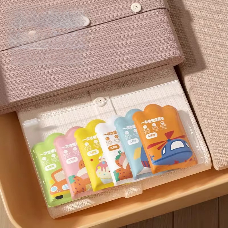 Ühekordne lapse vihm pončo, täis pikkus, multikas stiilis, paks versioon