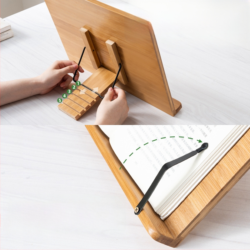 Darbalaučio knygų laikiklis studentams ir vaikams, bambuko medžiaga, modelis 2521YDJ, modernus minimalistinis stilius, aukščio reguliavimas.