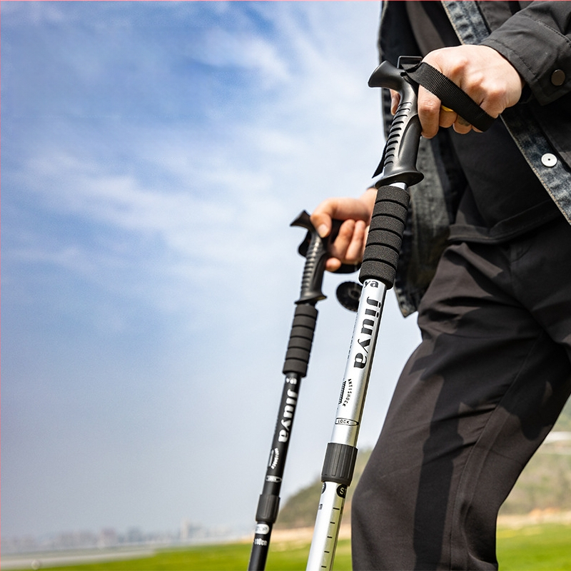 Unisex aliuminio lydinio teleskopinės žygio lazdos su išoriniu užraktu, 400 g, volframo plieno galvutė, tiesi rankena