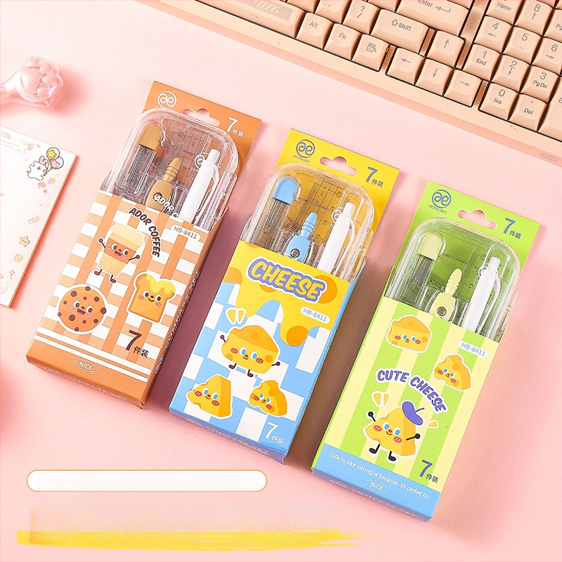 7 dalių piešimo komplektas su skriestuvu ir liniuotė studentams (Prekės ženklas: Wooden grid, Be elektros, Be IP leidimo, Asmeninė dovana)