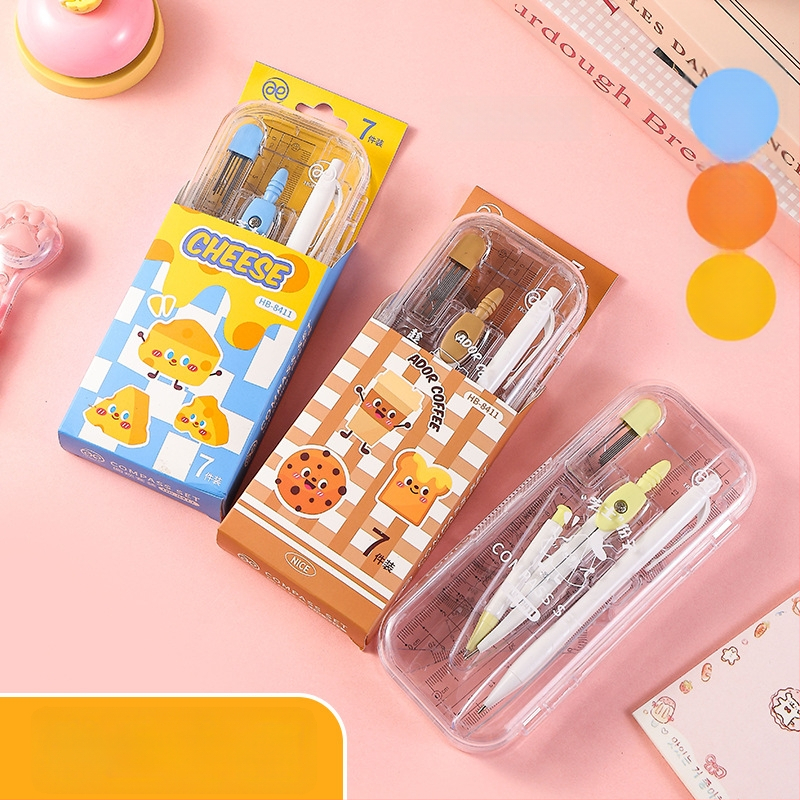 7 dalių piešimo komplektas su skriestuvu ir liniuotė studentams (Prekės ženklas: Wooden grid, Be elektros, Be IP leidimo, Asmeninė dovana)