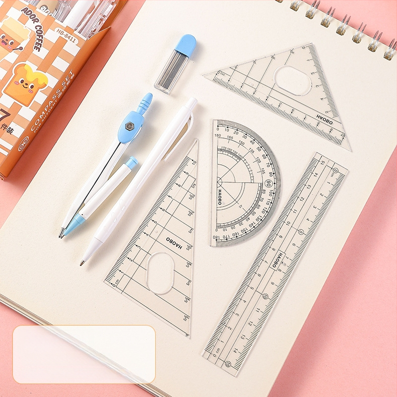 7 dalių piešimo komplektas su skriestuvu ir liniuotė studentams (Prekės ženklas: Wooden grid, Be elektros, Be IP leidimo, Asmeninė dovana)