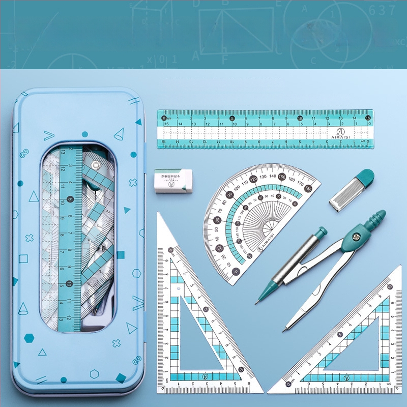 Daugiafunkcinis liniuotės rinkinys su braižymo kompasu ir trikampiu liniuotė – plastikinis, modelis MS-179F, grynoji masė 140