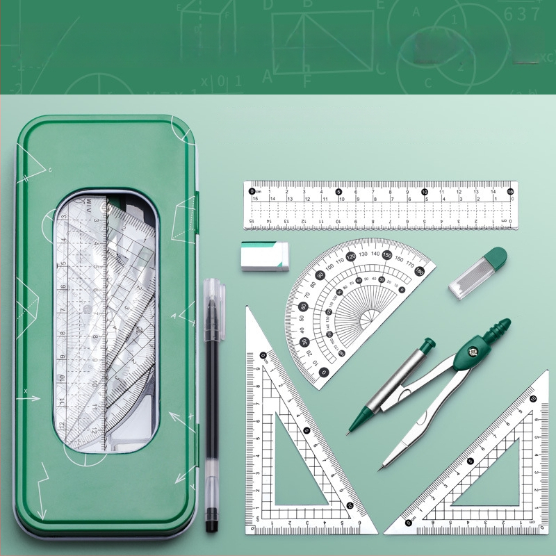 Daugiafunkcinis liniuotės rinkinys su braižymo kompasu ir trikampiu liniuotė – plastikinis, modelis MS-179F, grynoji masė 140