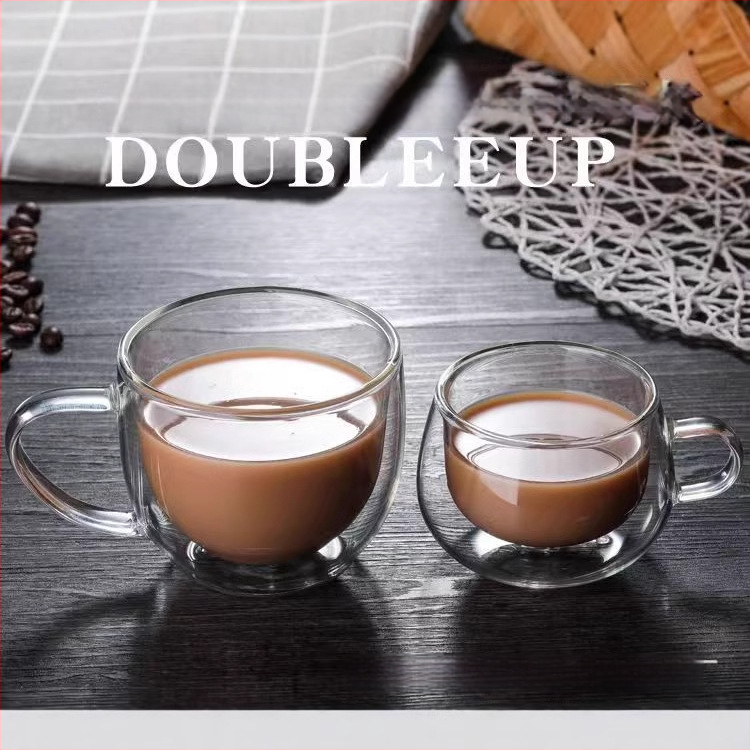 Kavos puodelis su dviejų sluoksnių borosilikatinio stiklo, su rankena, šiuolaikiško minimalistinio stiliaus, tinkamas kavinei