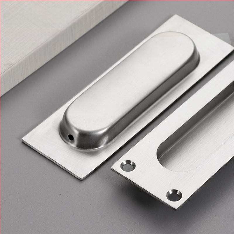 Slėptas nerūdijančio plieno slankio durų rankena, įmontuota, tekstūruota danga, modernus minimalistinis stilius