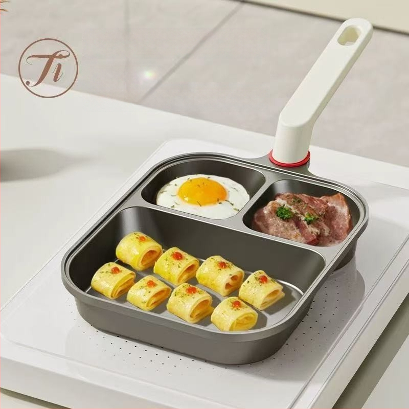 Trys viename pusryčių keptuvė — aliuminis, nelipni danga, daugiasluoksnis dugnas, skirta omletėms, kiaušiniams ir kepsniams, suderinama su visomis viryklėmis