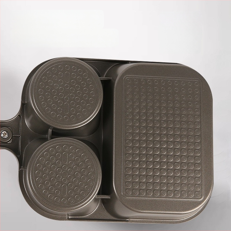 Trys viename pusryčių keptuvė — aliuminis, nelipni danga, daugiasluoksnis dugnas, skirta omletėms, kiaušiniams ir kepsniams, suderinama su visomis viryklėmis