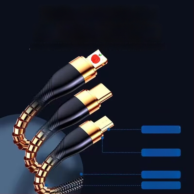 3-in-1 duomenų kabelis su 66W greitu įkrovimu ir LED indikatoriumi Apple, Huawei ir Xiaomi (automobiliui) – Lightning, Micro USB, Type-C, pintas kabelis