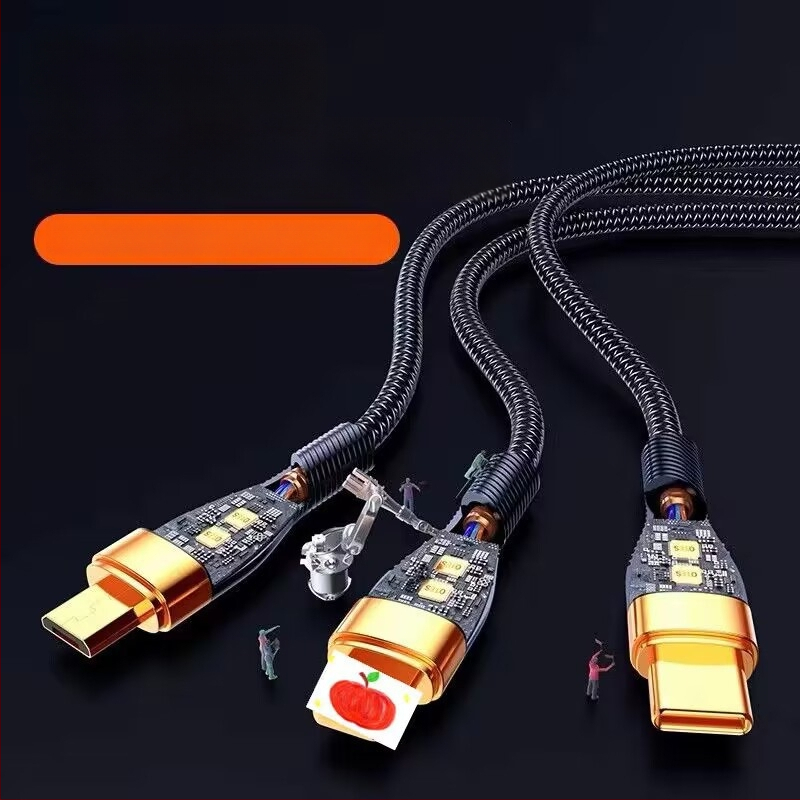 3-in-1 duomenų kabelis su 66W greitu įkrovimu ir LED indikatoriumi Apple, Huawei ir Xiaomi (automobiliui) – Lightning, Micro USB, Type-C, pintas kabelis