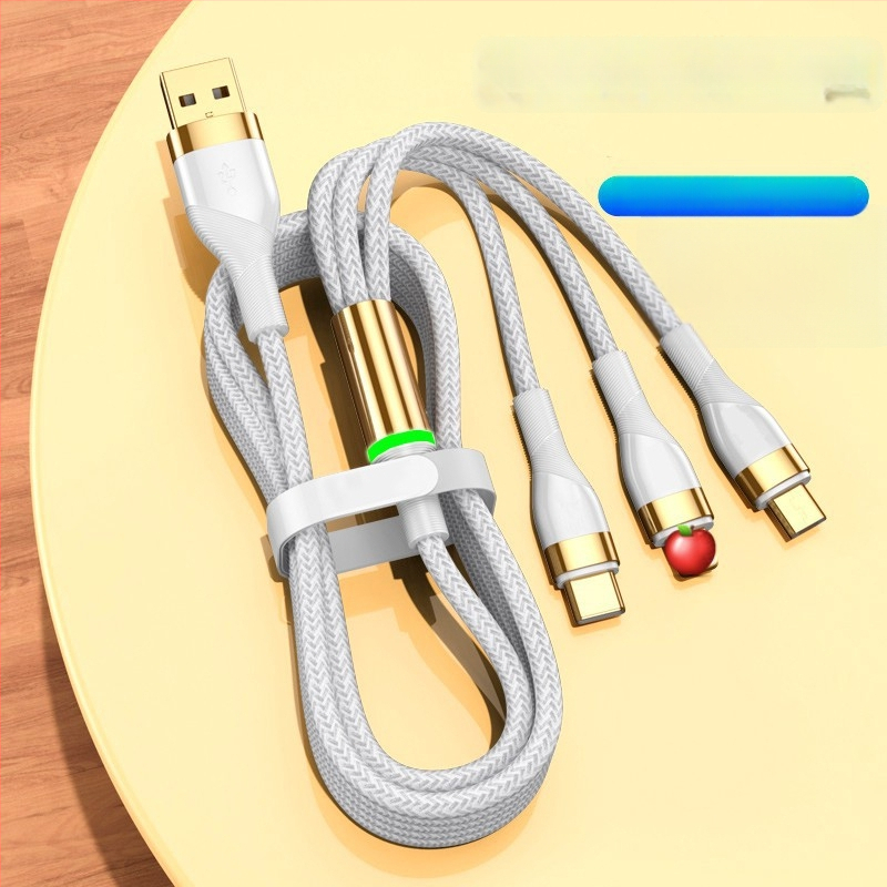 3-in-1 duomenų kabelis su 66W greitu įkrovimu ir LED indikatoriumi Apple, Huawei ir Xiaomi (automobiliui) – Lightning, Micro USB, Type-C, pintas kabelis