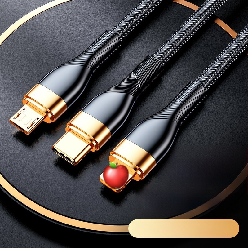 3-in-1 duomenų kabelis su 66W greitu įkrovimu ir LED indikatoriumi Apple, Huawei ir Xiaomi (automobiliui) – Lightning, Micro USB, Type-C, pintas kabelis