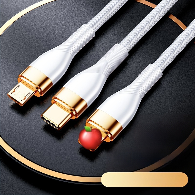 3-in-1 duomenų kabelis su 66W greitu įkrovimu ir LED indikatoriumi Apple, Huawei ir Xiaomi (automobiliui) – Lightning, Micro USB, Type-C, pintas kabelis