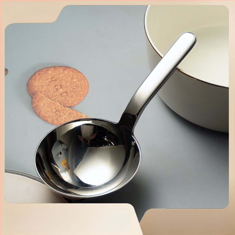 Sriubos šaukštas su trumpu koteliu, stora galva, 304 nerūdijančio plieno, dvigubo naudojimo, veidrodinis poliravimas