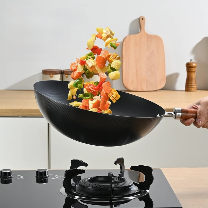 Wok iš aukštos kokybės geležies, vakarietiško stiliaus, be dengimo, su vienu dugnu, nerūdijančio plieno dangtelis