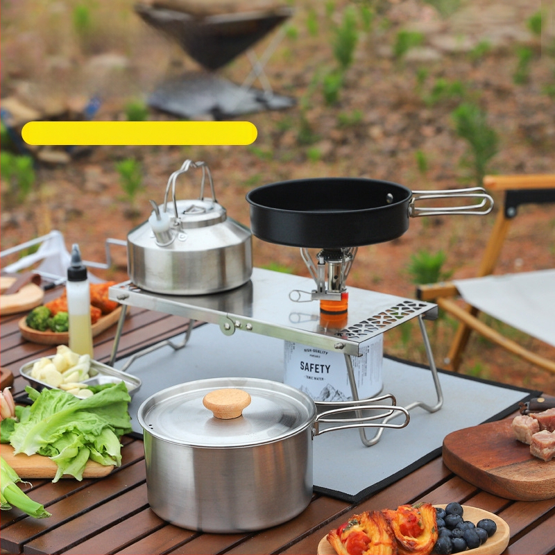 304 nerūdijančio plieno 3 dalių kempingo puodų rinkinys – portabilus, nelipna keptuvė, arbatinukas ir puodas, skirtas 2–3 asmenims