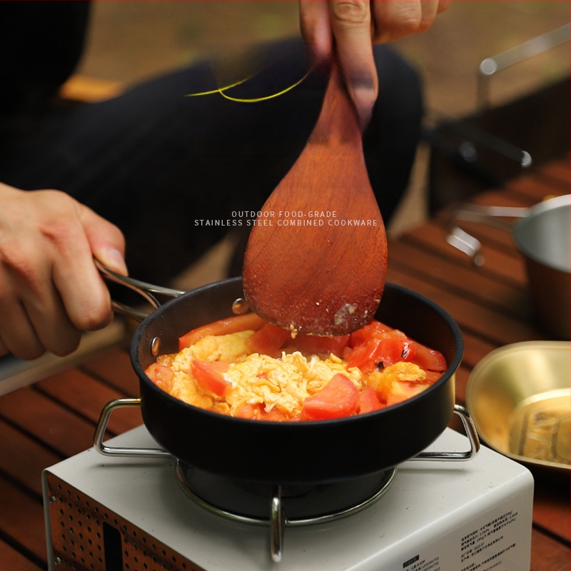 304 nerūdijančio plieno 3 dalių kempingo puodų rinkinys – portabilus, nelipna keptuvė, arbatinukas ir puodas, skirtas 2–3 asmenims