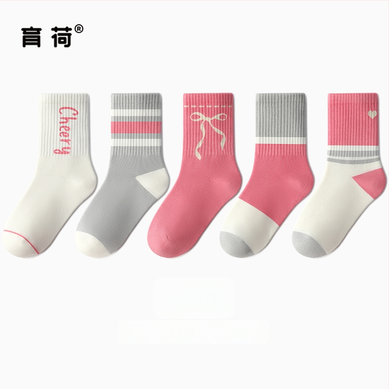 Laste puuvillased sokid kevadise ja sügises, keskmise pikkusega, triibulised, Jacquard kootud, hingavad ja antibakteriaalsed