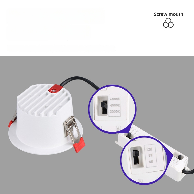 LED įmontuotas lubų šviestuvas, trijų spalvų šviesos reguliavimas (3000/4000/6000K), galia 6–10W, 75 mm anga, aliuminio korpusas, 220V