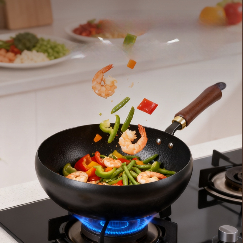 Wok iš plono geležies, 12 cm gylis, 1,5 kg svoris, medinis dangtelis