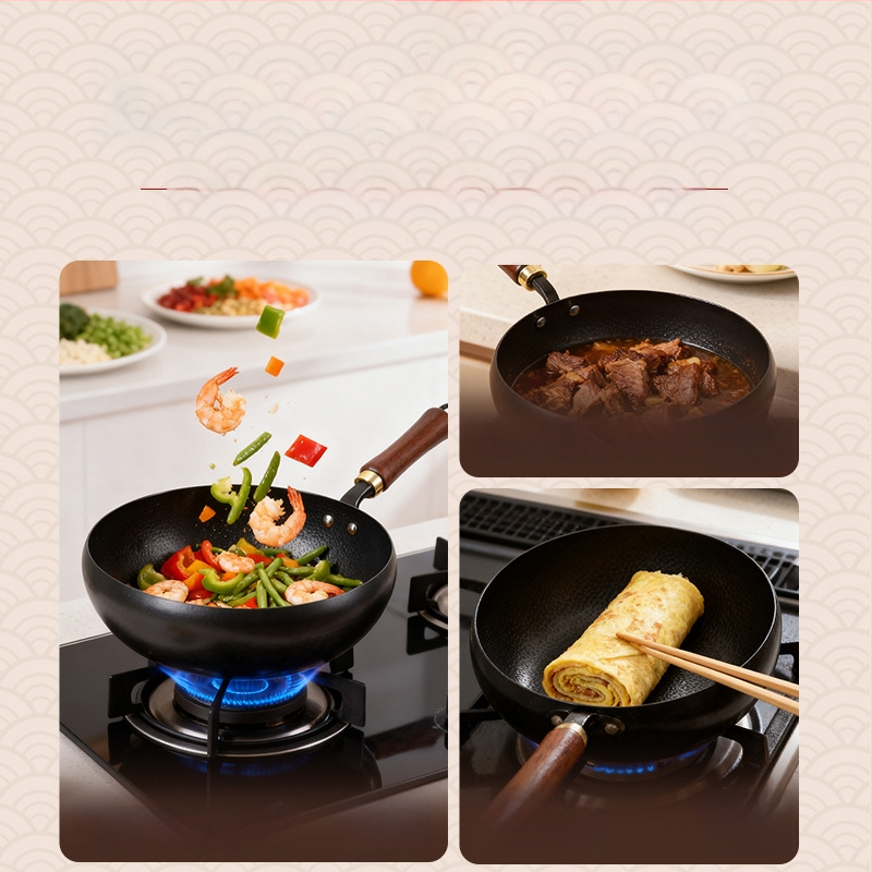 Wok iš plono geležies, 12 cm gylis, 1,5 kg svoris, medinis dangtelis