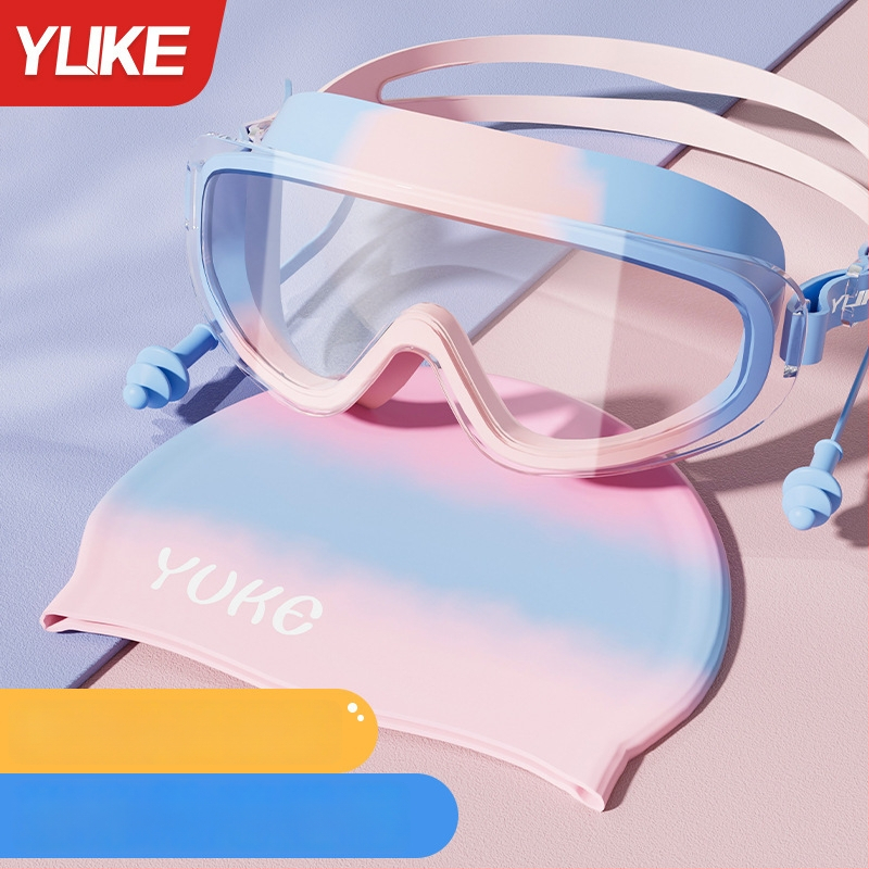 Vaikų plaukimo akiniai su dideliu rėmeliu, polikarbonato lęšiai, prieš rūką, atsparūs vandeniui, komplektas su plaukimo kepurė