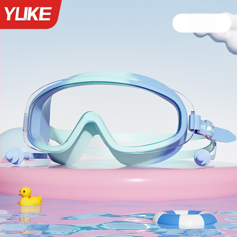 Vaikų plaukimo akiniai su dideliu rėmeliu, polikarbonato lęšiai, prieš rūką, atsparūs vandeniui, komplektas su plaukimo kepurė
