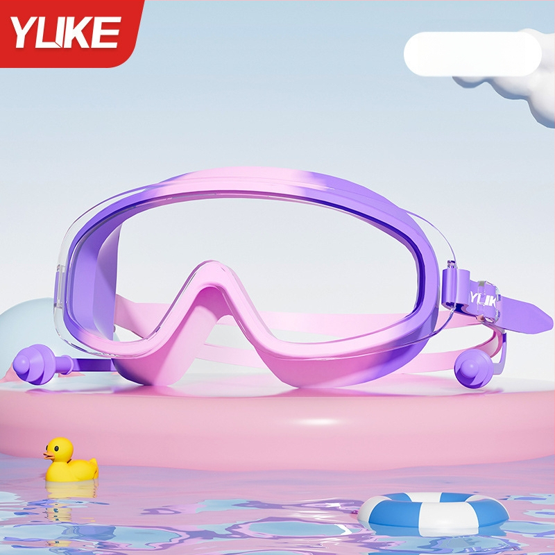 Vaikų plaukimo akiniai su dideliu rėmeliu, polikarbonato lęšiai, prieš rūką, atsparūs vandeniui, komplektas su plaukimo kepurė