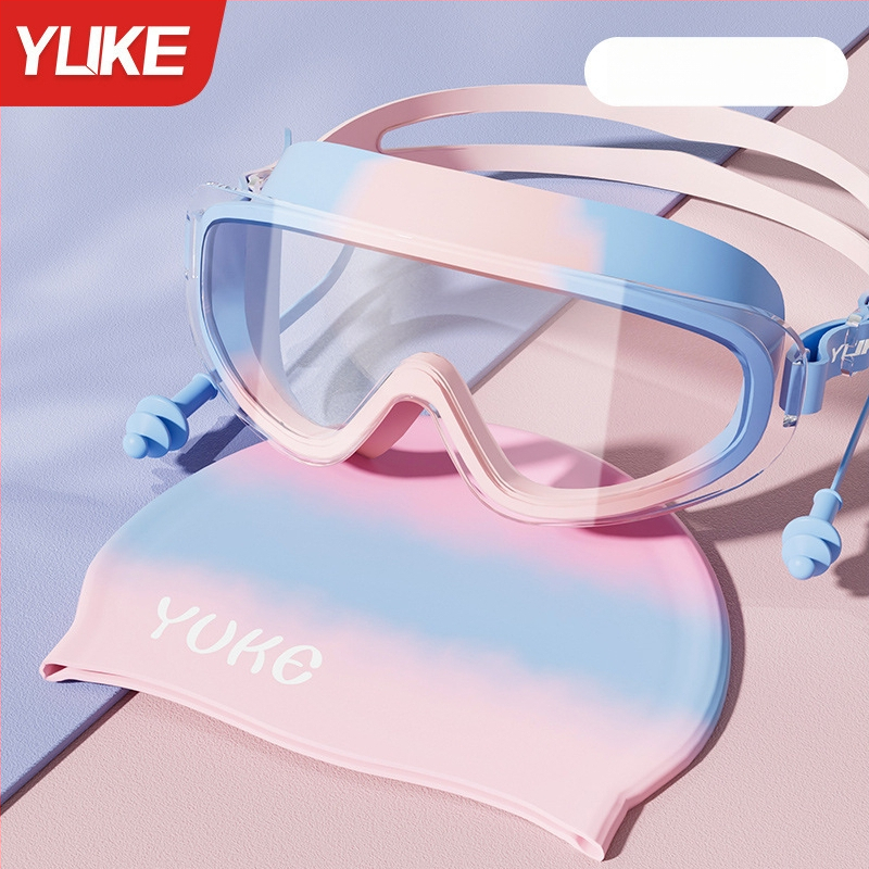 Vaikų plaukimo akiniai su dideliu rėmeliu, polikarbonato lęšiai, prieš rūką, atsparūs vandeniui, komplektas su plaukimo kepurė