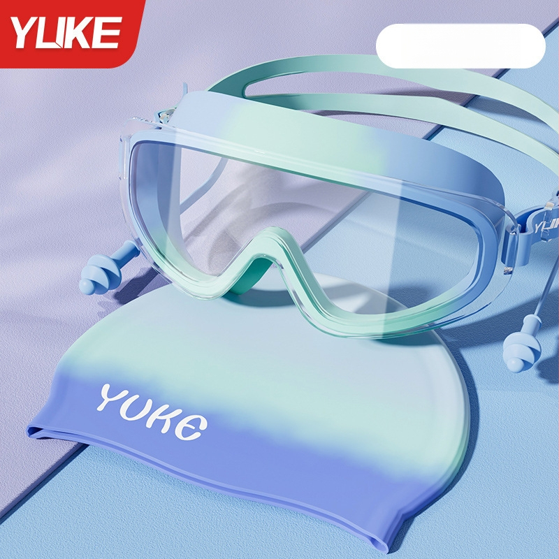 Vaikų plaukimo akiniai su dideliu rėmeliu, polikarbonato lęšiai, prieš rūką, atsparūs vandeniui, komplektas su plaukimo kepurė