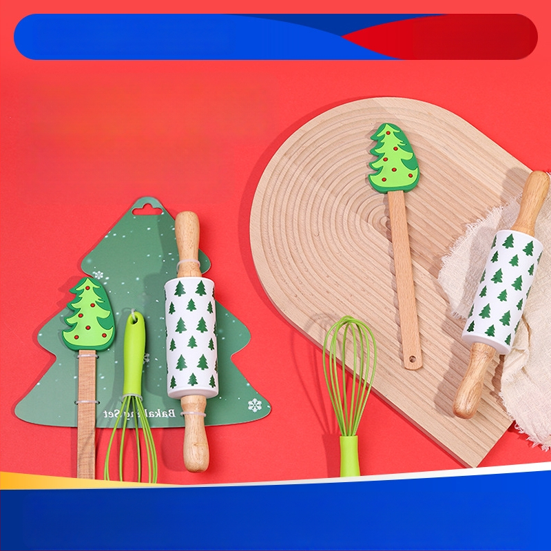 Cepšanas komplekts mājās: mīklas rulītis, silikona lāpstiņa un olu putotājs; materiāls silikons; neregulāra forma; paredzēts cepšanai