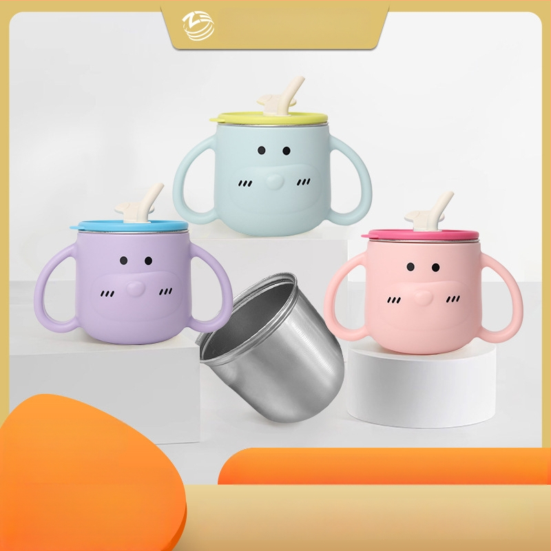 316L nerūsējošā tērauda bērnu ūdens krūze ar rokturi un salmiņu, izliektā forma, standarta diametrs, piemērots no 6 mēnešu vecuma