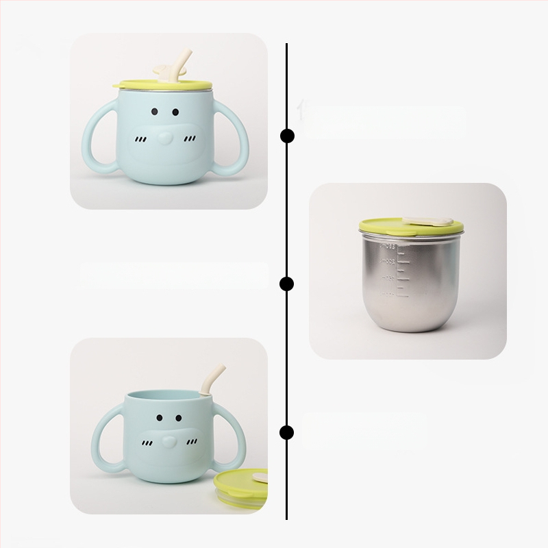 316L nerūsējošā tērauda bērnu ūdens krūze ar rokturi un salmiņu, izliektā forma, standarta diametrs, piemērots no 6 mēnešu vecuma