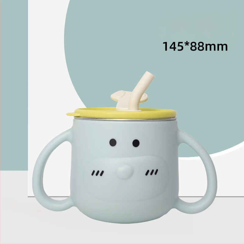 316L nerūsējošā tērauda bērnu ūdens krūze ar rokturi un salmiņu, izliektā forma, standarta diametrs, piemērots no 6 mēnešu vecuma