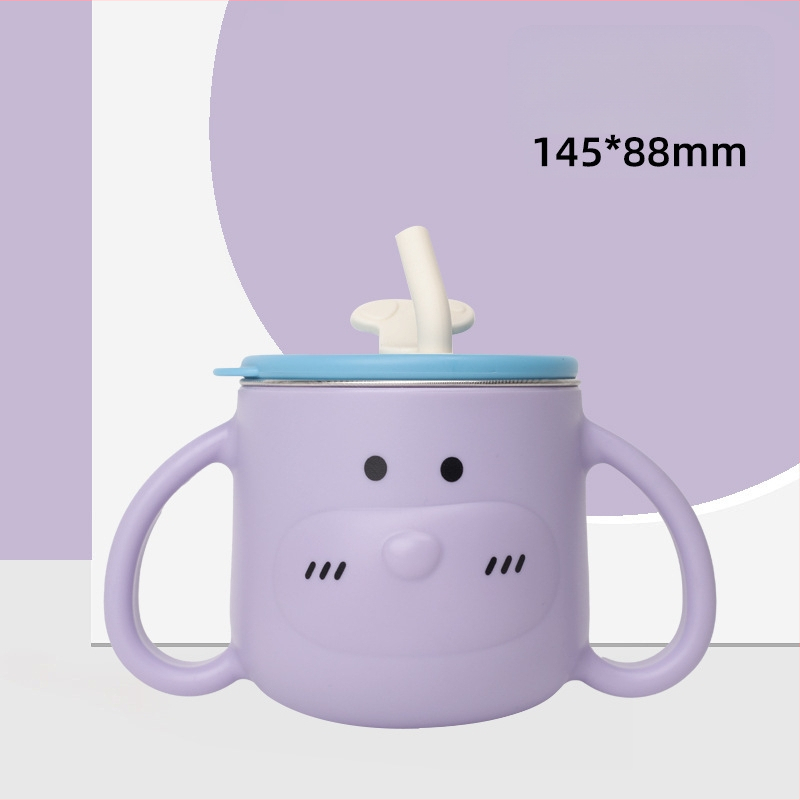 316L nerūsējošā tērauda bērnu ūdens krūze ar rokturi un salmiņu, izliektā forma, standarta diametrs, piemērots no 6 mēnešu vecuma