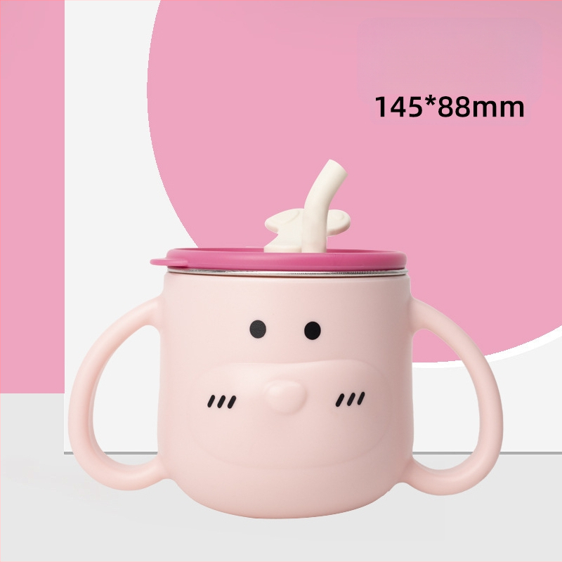 316L nerūsējošā tērauda bērnu ūdens krūze ar rokturi un salmiņu, izliektā forma, standarta diametrs, piemērots no 6 mēnešu vecuma