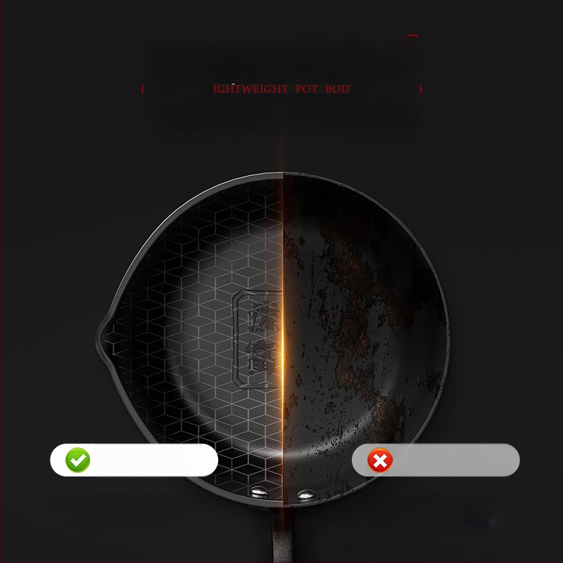 Omletės keptuvė iš plonojo geležies, kinų stiliaus, vieno dugno, sveria 780 g, tinkama visoms viryklėms